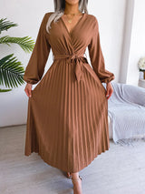 Elegant Pleats V Neck Maxi Dress