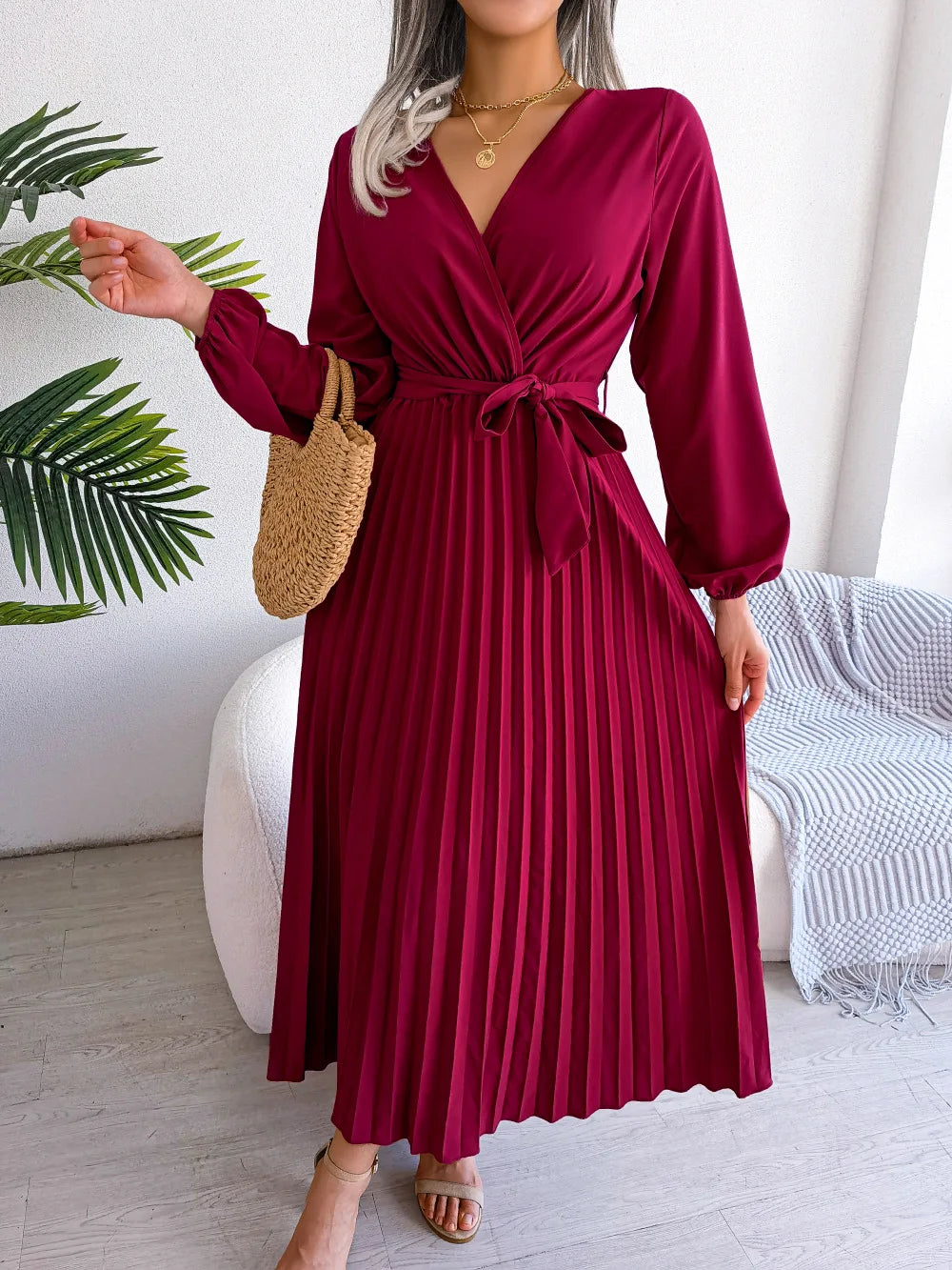 Elegant Pleats V Neck Maxi Dress