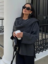 Grey Short Knit Cape Coat with Scarf