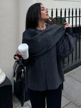 Grey Short Knit Cape Coat with Scarf