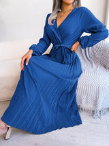 Elegant Pleats V Neck Maxi Dress