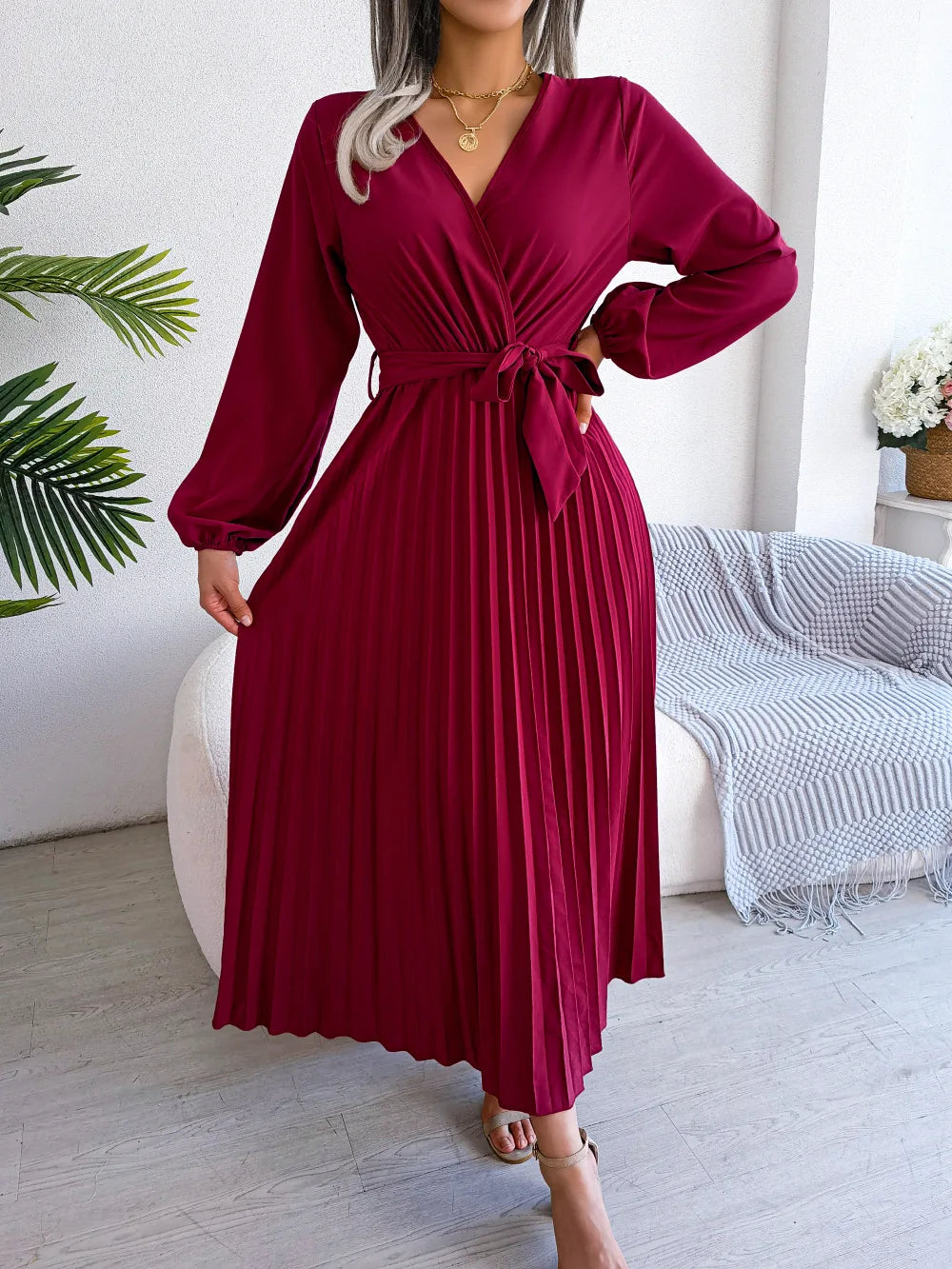 Elegant Pleats V Neck Maxi Dress