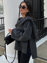 Grey Short Knit Cape Coat with Scarf